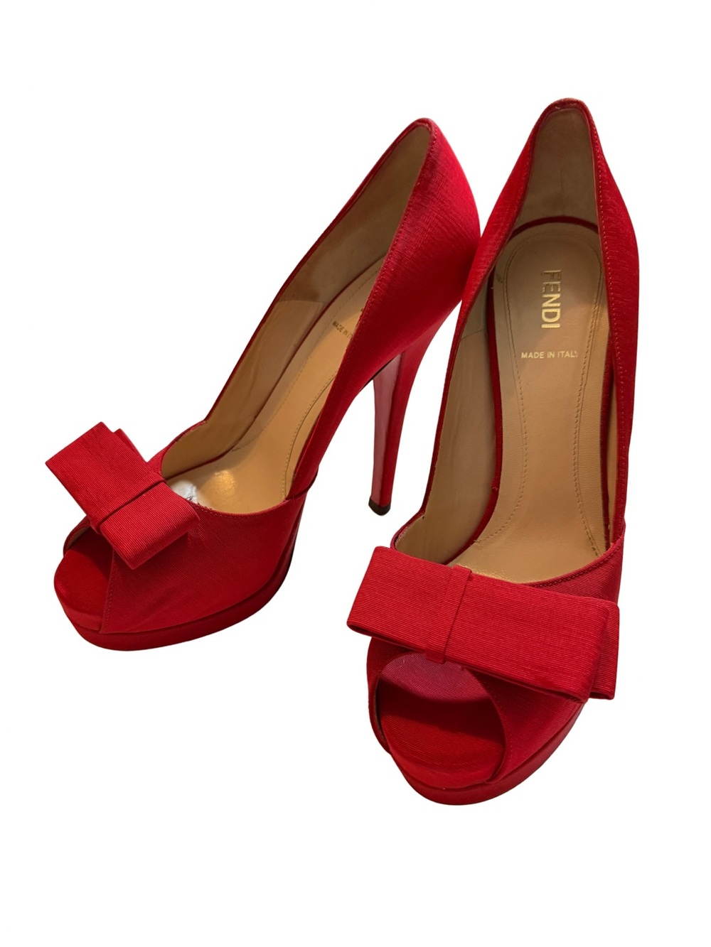 Rare Red Color Fendi Red Bow Peep-Toe Stiletto Pumps